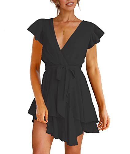 FLYBONY WOMENS SHORT SLEEVE V NECK BLACK COCKTAIL DRESS TIE WAIST RUFFLE MINI SWING SKATER DRESSES