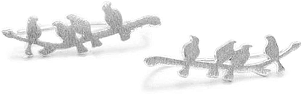 Bird Ear Cuff Wrap Crawler Climber Earrings for Women Girls S925 Sterling Silver Brushed Little Birds Stand on Tree Branch Stud Clip on Post Pin Earrings Delicate Lightweight Jewelry