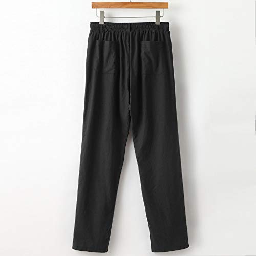 Men's Joggers Linen Breathable Loose Long Pants Solid Color Straight Trousers Black