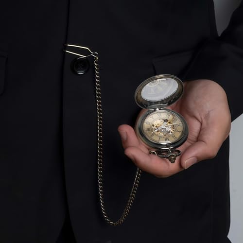 DerMacht Mechanical Pocket Watch, for Men Women Special Magnifier Half Hunter Engraved Case Roman Numerals with Chain