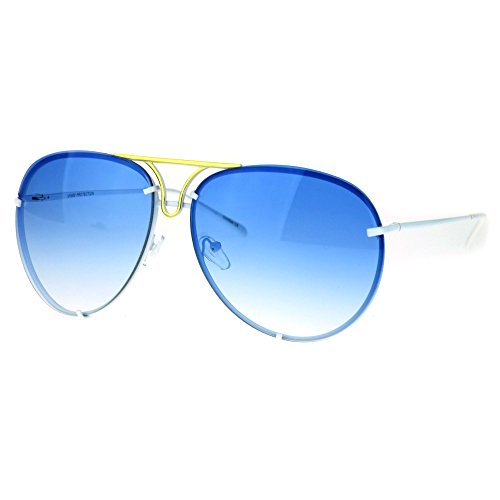 Oversized Round Aviator Sunglasses Metal Rims Behind Lens White, Blue