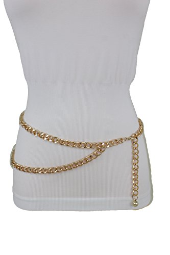 TFJ Women Fashion Metal Belt Hip Waist Gold Metal Chain Links Side Strand M L XL