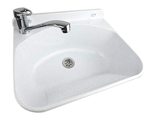 GOSPO Ausgussbecken mit drehbarer Armatur, Siphon, Waschbecken 46 x 36 x 20 cm, Waschraum für Garage, Waschtrog, Keller…