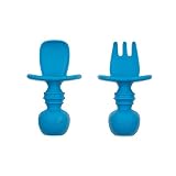 Bumkins Silicone Chewtensils, Baby Fork and Spoon Set, Training Utensils, Baby Led Weaning Stage 1 for Ages 6 Months+ in Dark Blue