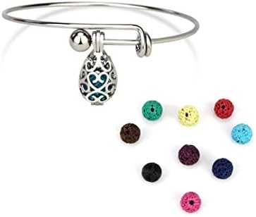 LEPENN Stainless Steel Expandable Bangle Essential Oil Diffuser Bracelet with Locket Pendant Lava Stone