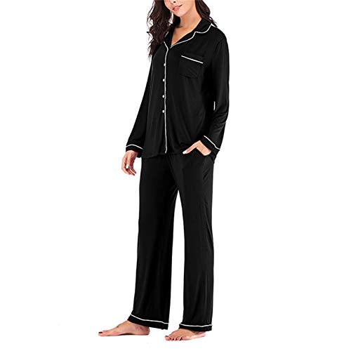 Women\'s Long Sleeve Pajamas Set 2 Piece Nightwear Button Down Sleepwear Soft Pjs Black L