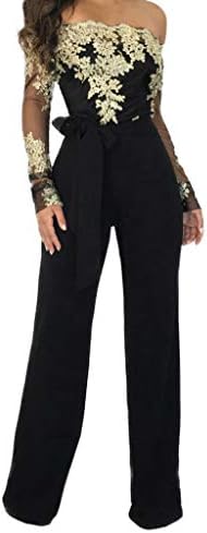 Corriee Jumpsuit for Women Elegant Long Sleeve Off The Shoulder High Waisted Wide Leg Romper with Belt