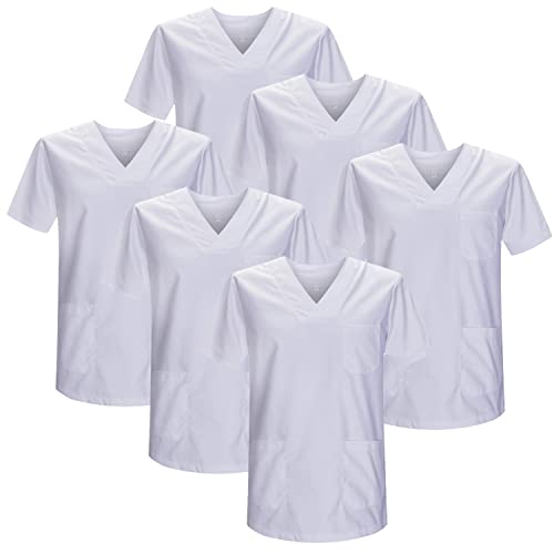 MISEMIYA - Packung MIT 6 EINHEITEN - Medizinische Uniformen Unisex Top Medizinisches Uniform-Tunika-Peeling-Top mit V-Ausschnitt - Large, Weiß 21
