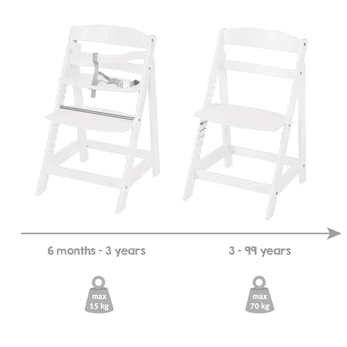roba Sit Up III Baby High Chair with Removable Footrest and Safety Straps – Adjustable Height – White Wood