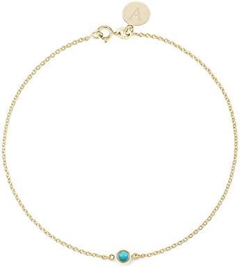 TousiAttar Turquoise Bracelet - Real 14k or 18k Yellow Rose White Gold - Round Bezel set Solitaire Charm - 0.05 CT blue turquoise bracelets jewelry Personalized for Women - Free Initials Engraving