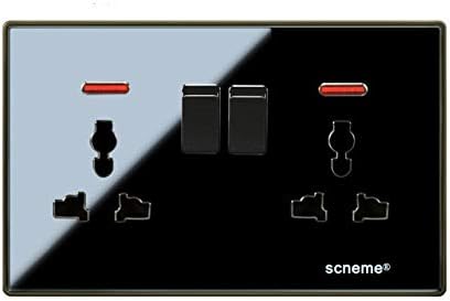 Sockets 6 pin Double Universal wall socket with On/Off switch electrical outlet, Crystal acrylic panel, With red indicator light - (Type: Black)