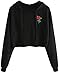 Romwe Women's Casual Long Sleeve Crop Sweatshirt Hoodies Pullover Top Black Raw Hem Rose M