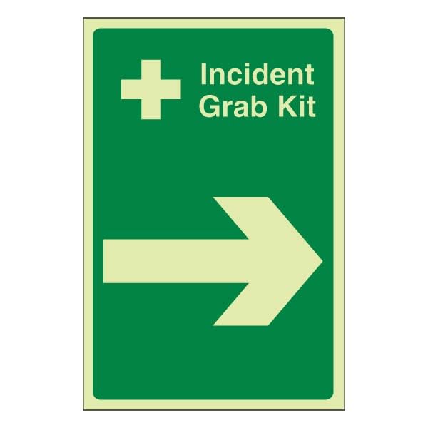 Bleedsave Incident Grab Kit Arrow Right 200 x 300 mm - Glow In The Dark 1mm Rigid Plastic Safety Sign