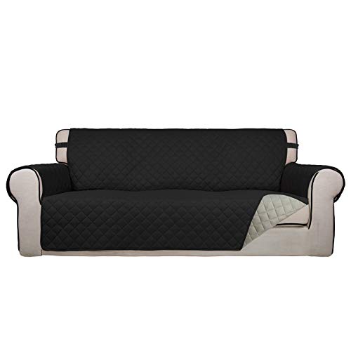 PureFit Reversible Quilted Sofa Cover, Water Resistant Slipcover Furniture Protector, Washable Couch Cover with Non Slip and Elastic Straps for Kids, Dogs, Pets (Oversized Sofa, Black/Beige)