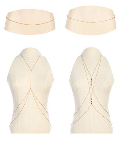 Ofeiyaa 4PCS Body Chain Jewelry Bra Chain Retro Waist Belt Chain Suit Bikini Beach Boho Chain Set Women Girls Gold Tone