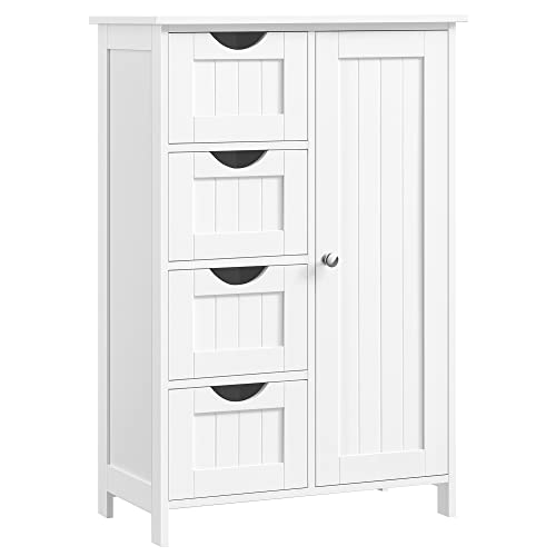 VASAGLE Bathroom Cabinet, Slim Bathroom Cabinet, Wooden Side Cabinet, Chest of 4 Drawers, Cupboard, Door, Adjustable Shelf, Living Room, Kitchen, Hallway, Deep, Freestanding | LHC41W Side Cabinet Chest of Drawers with Cupboard Door Adjustable Shelf 30 x 55 x 82 cm White