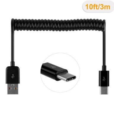 10ft/3m USB-C Spring Cable,Pinyuan Type-c USB 3.1 to USB 2.0 Data Sync Charge Cable for Macbook / Google Chromebook / Nokia N1 Tablet PC / Letv Smart Phone (Black)
