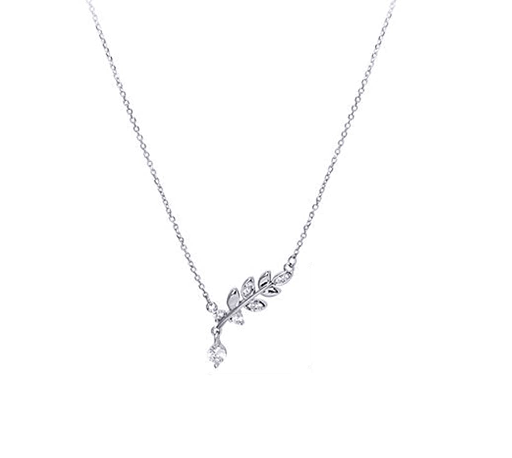 IMINI CZ Olive Leaf Pendant Necklace for Women Girls 925 Sterling Silver Cubic Zirconia Crystal Leaves Branch Charm Chain Choker Necklaces Dainty Elegant Birthday Wedding