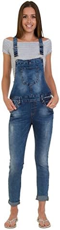 Women's Distressed Denim Overalls - Stonewash Three-quarter Dungarees