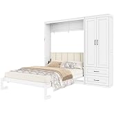 THINK 30 Queen Size Murphy Bed, with Storage Wardrobe and Drawers,Upholstered Headboard, White