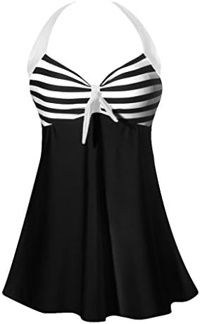 CPOKRTTWSO Women's Vintage Halter One Piece Plus Size Cover Ups Swimsuit Black Striped 5XL