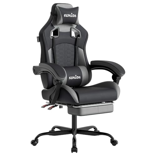 SUKIDA Gaming Stuhl, Ergonomischer Gaming-Stuhl mit Fußstütze, Racing Gaming Chair Kopfstütze Verstellbarer Computerstuhl Höhenverstellbar Lendenwirbe