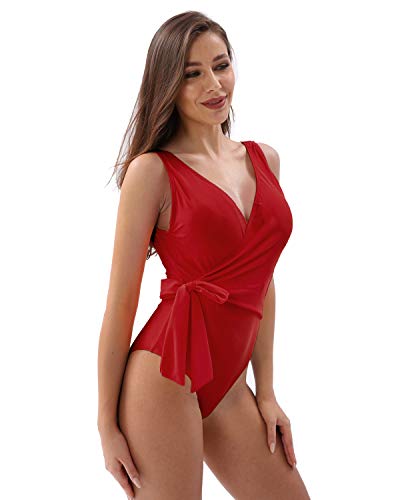 YOLIPULI Women's Bowknot One Piece Swimsuit V Neck Backless Beach Swimwear Low-U-Back Bathing Suit for Women Ruby Red Large - Thumbnail 3