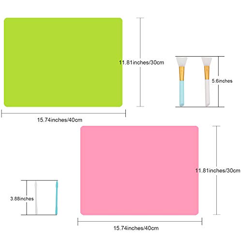 HiGift 2 Pack A3 Extra Large Silicone Mats for Crafts Jewelry Casting Molds Sheets with 2 PCS Silicone Stir Sticks 2 PCS Silicone Brushes for Crafting, Green & Pink (15.7 x 11.7 inches)