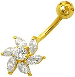 14K Solid Yellow Gold Turbine Shape with CZ Stone Belly Ring