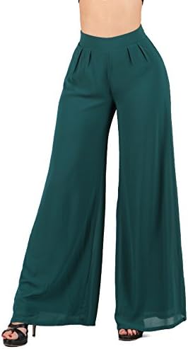 SWTD Womens High Waist Flowy Wide Flare Bottom Palazzo Dressy Pants (Small, TEAL-MA2417)
