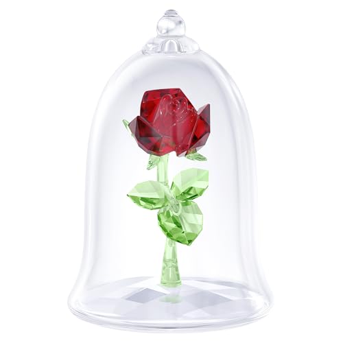 Swarovski Beauty and The Beast Enchanted Rose, Red and Green Crystal with Clear Base and Mouth-Blown Glass Bell Jar, Part of The Beauty and The Beast Collection