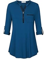 Liamluna Women's Zip V Neck Long Sleeve Casual Blouse Tunic Shirt Blue M