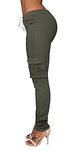 Coutgo Womens Casual stretch drawstring skinny pants cargo jogger pants (XXXL, green)