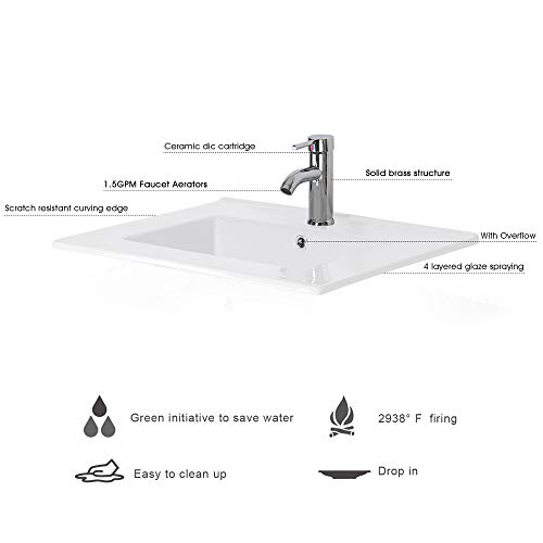 U-Eway 24" Bathroom Vanity with Ceramic Undermount Vessel Sink Combo,Chrome Faucet Drain with Overflow,Bathroom Cabinet with Mirror,2 Drawers,20-inch Deep Cabinet &1.5 GPM 30% Water Saving Faucet