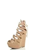 Breckelles Women Peep Toe Wrap Lace Up Gladiator High Heel Wedge Sandal