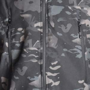 Black water-resistant jacket with heat retention layer and tag, suitable for various climates.