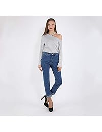 Pantalones vaqueros para dama con cintura alta y elásticos, estilo boyfriend