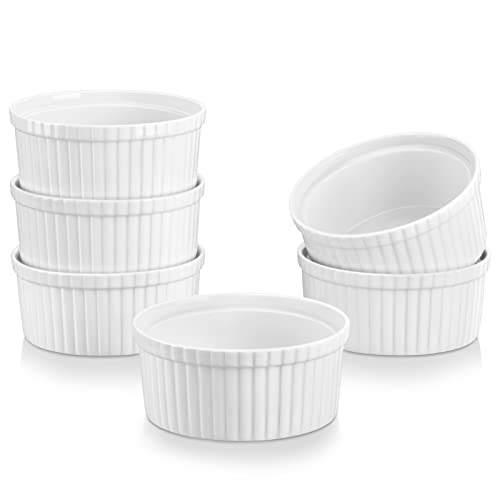 MALACASA Ramekins Set of 6, 350ML Dipping Bowls Baking Dish Creme Brulee Ramekins Porcelain Soufflé Dishes Sauce Dish, Oven Safe, Ivory White