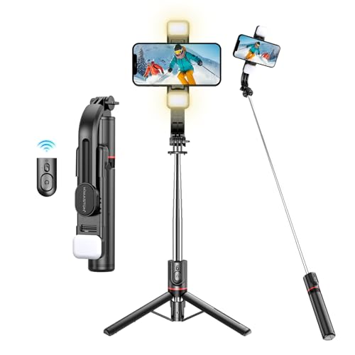 H'MASTON Tripe para Celular Pau de Selfie com Iluminação Bastao de Selfie com Controle Remoto Bluetooth e Duplo Luz LED Ajustável ZP-13 (PRETO)
