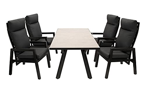 DEGAMO Gartengarnitur MANCIANO 5-teilig, 4X Hochlehner Sessel mit Verstellbarer Rückenlehne und 1x Gartentisch 90x180cm mit Glasplatte in Keramikoptik hellgrau