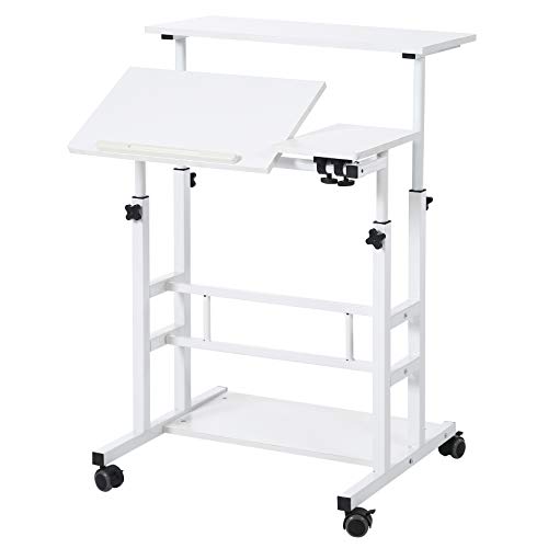 UNICOO- Height Adjustable Sit Stand Workstation, Mobile Standing Desk, Rolling Presentation Cart, Stand Up Computer Desk with Dual Surface for Home Office U101 (White)
