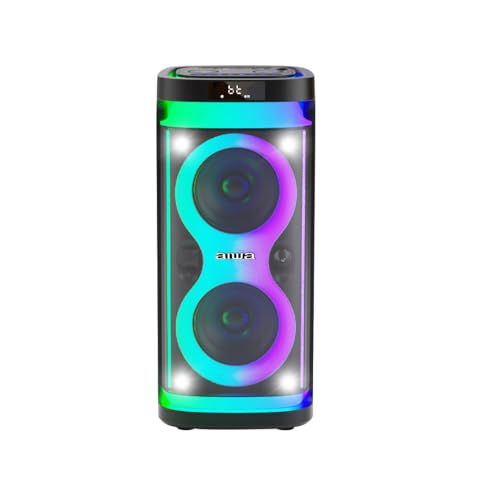 Aiwa Bocina Portátil Bluetooth 5.0 de 60W RMS, Bafle con Doble Woofer 6.5" y Tweeter 2", Sonido Potente, Luces LED, TWS, Radio FM, Entrada Micrófono y Guitarra, Ideal Fiestas y Karaoke AWPOH4D
