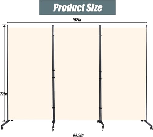 Room Divider Folding Privacy Screens with Wheels, 6FT Tall Divider for Room Separation, 3 Panel Movable Room Partitons, Indoor Room Dividers Panel with Non-See Through Fabric for Office (White)