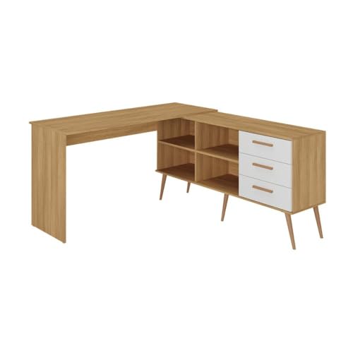 Mesa Gamer em L para Computador com 3 Gavetas Nexus Multimóveis Mp6048 Madeirado/branco