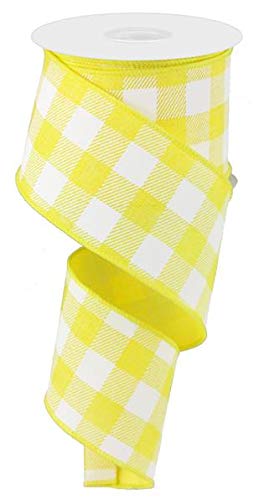 Plaid Check Wired Edge Ribbon - 10 Yards (Yellow, White, 2.5 Inches)