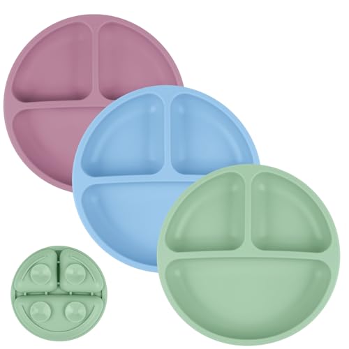 Vicloon Baby Suction Plate, 3Pcs Silicone Baby Suction Plates, Non Slip Silicone Toddler Weaning Plate, Divided Dishes for Toddler Kids Self Feeding, Fits for Most Highchairs Trays（Green/Pink/Blue）