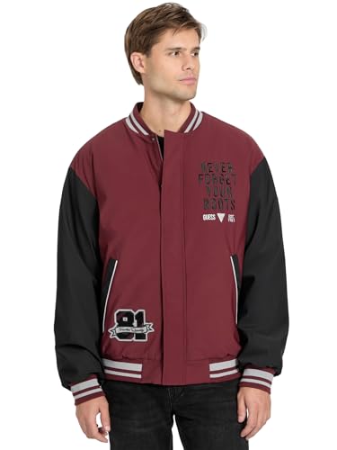 GUESS Mens Giulio Varsity Bomber Shirt Collar, Bordeaux/Blk, Large