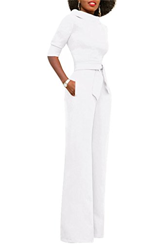 KISSMODA Casual Lapel Wide Leg Long Jumpsuits Rompers with Half Sleeve Clubwear White X-Large