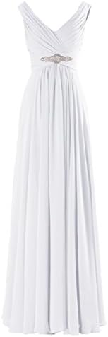 Yougao Women's V Neck A-Line Chiffon Long Floor Length Evening Dress Gown US 4 White