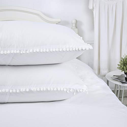 image for YINFUNG Pom Fringe Pillow Shams King White Pompoms Pillowcases Set of 